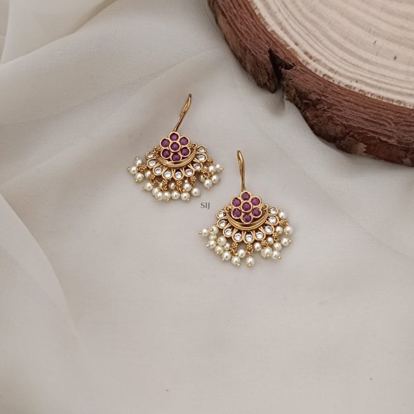 Ruby Stones Flower Design Hook Earrings with Guttapusalu