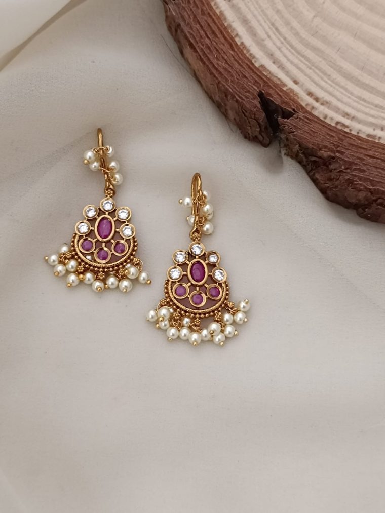 Ruby and White Stoners Flower Design Hook Earrings