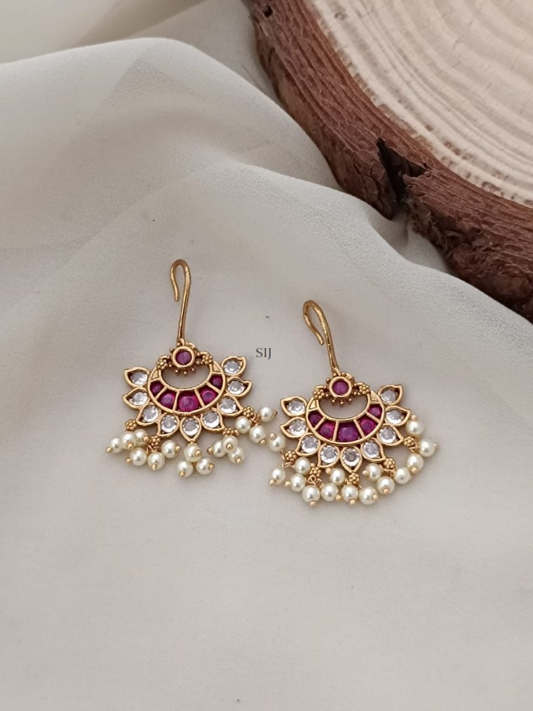 Ruby Stones Chand Bali Hook Earrings with Guttapusalu