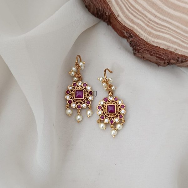 Traditional Ruby And White Stones Hook Drop Earrings