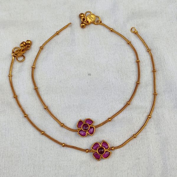 Gold Finish Pink Kemp Stones Flower Anklets