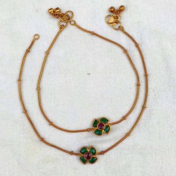 Gold Plated Green and Pink Kemp Stones Flower Anklets