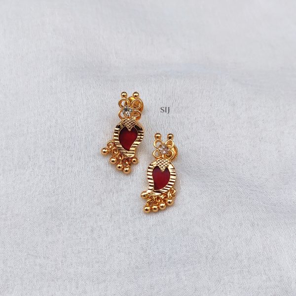 Gold Finish Red Mango Design Ear Studs with Beads Hanging