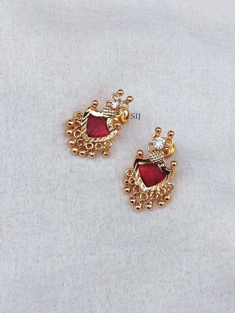 Matte Finish Red Palakka Design Ear Studs with Beads Hanging