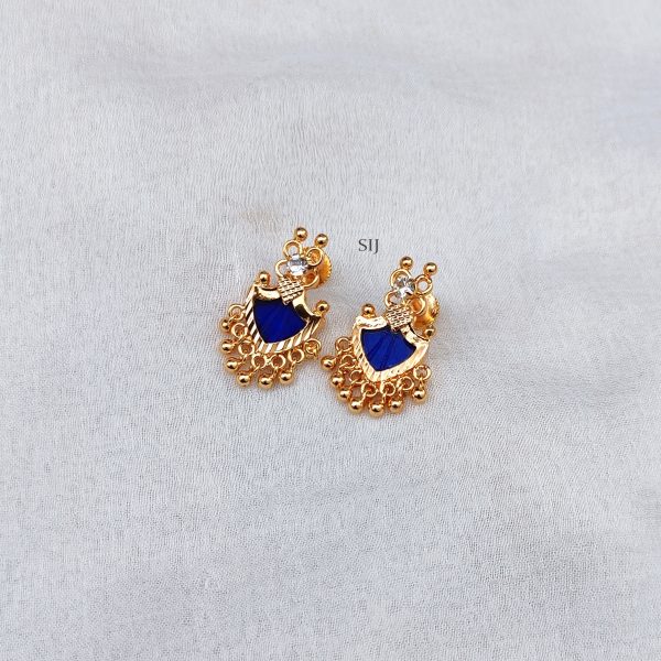 Traditional Blue Palakka Design Ear Studs with Beads Hanging