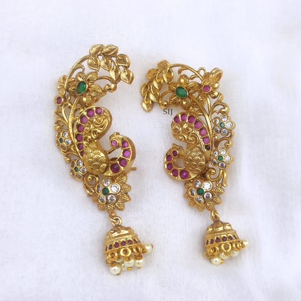 Gold Finish Multi Stones Peacock Earcuff with Jhumkas