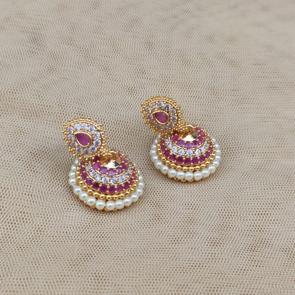 Gold Plated White and Ruby Stones Pearl Jhumkas