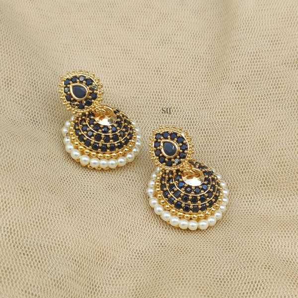 Artificial Pearl Jhumkas with Navy Blue Stones