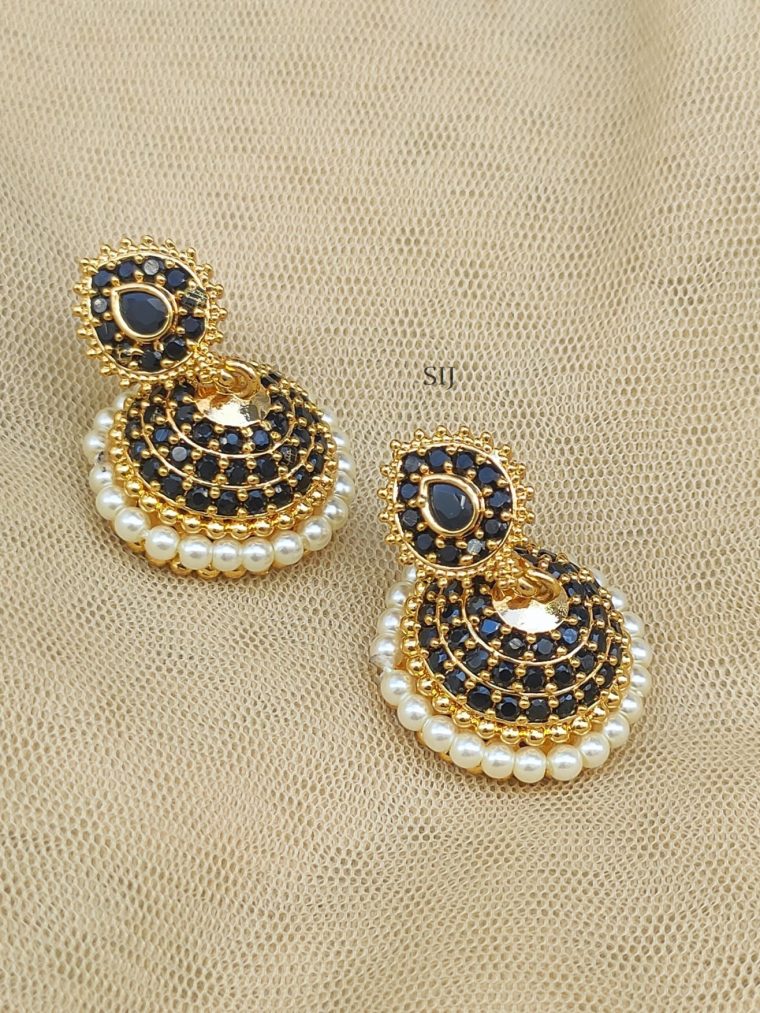 Artificial Pearl Jhumkas with Navy Blue Stones