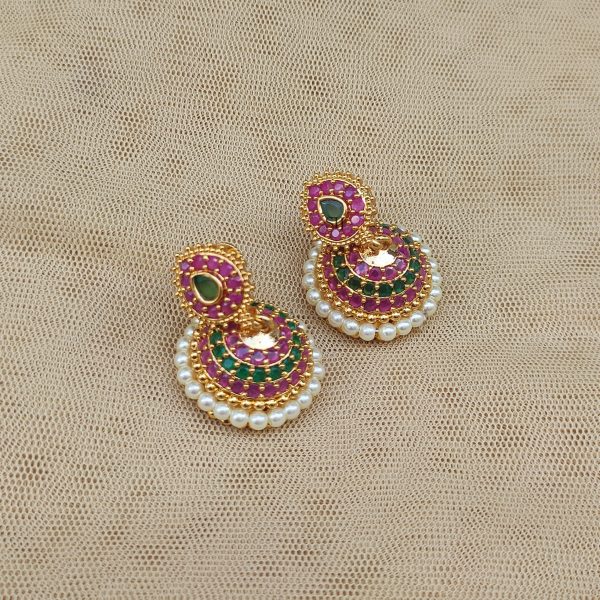 Matte Finish Green and Ruby Stones Pearl Jhumkas