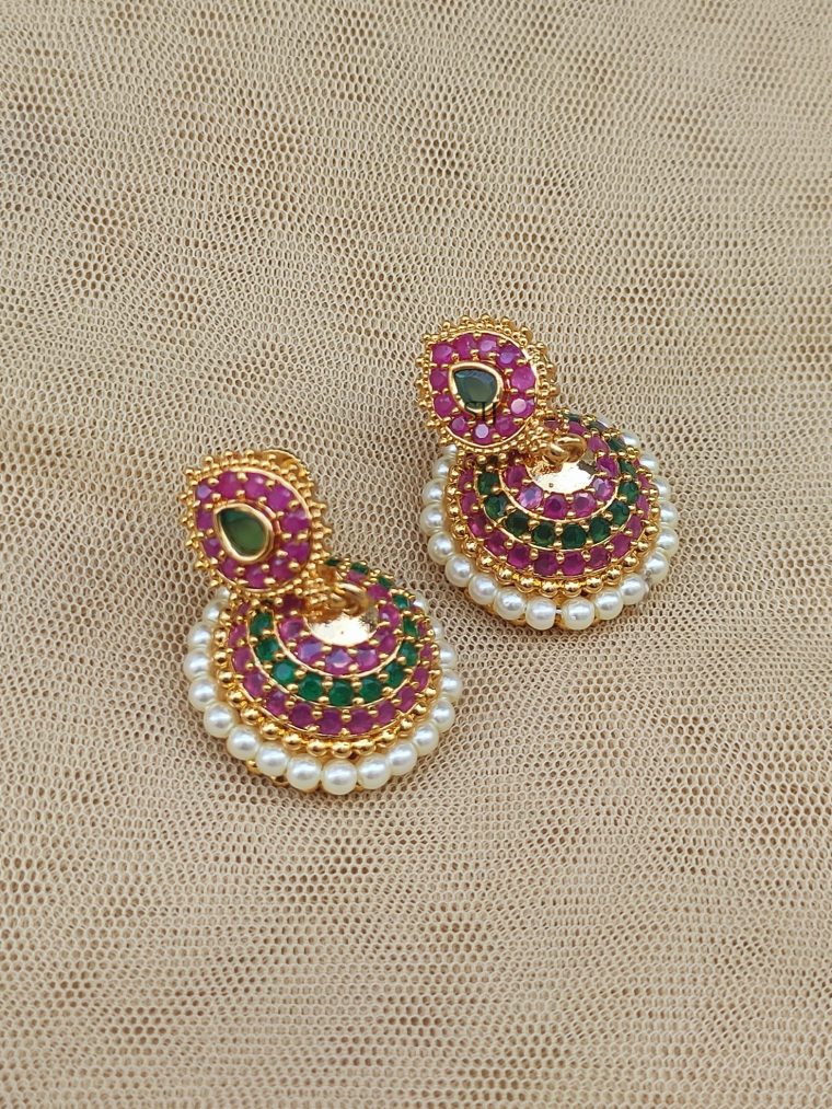 Matte Finish Green and Ruby Stones Pearl Jhumkas