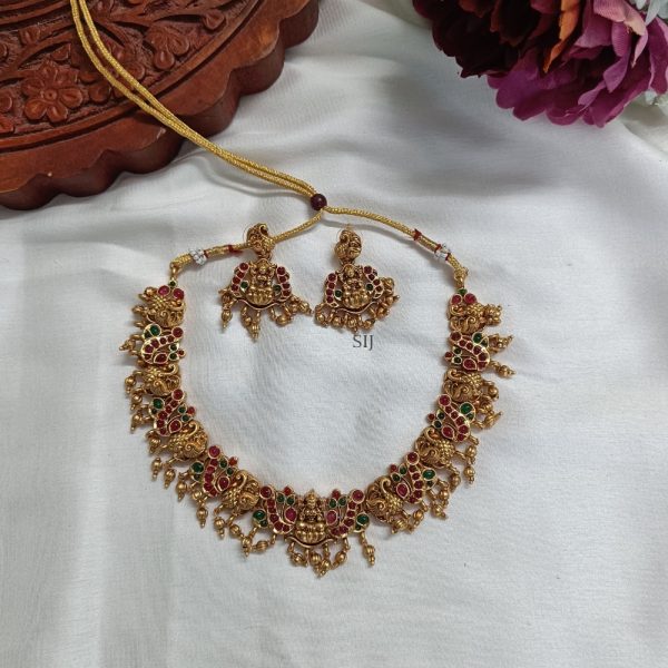 Gold Finish Multi Stones Lakshmi and Peacock Necklace