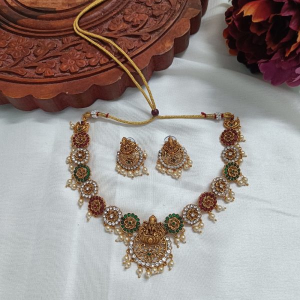 Gold Plated Multi Stones Flowers Necklace with Lakshmi Pendant