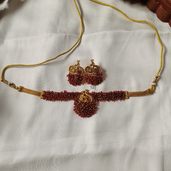 Imitation Red Beads Choker with Peacock Pendant