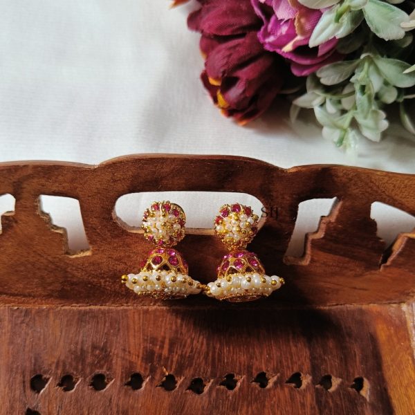 Imitation Pink Stones Pearl Jhumkas