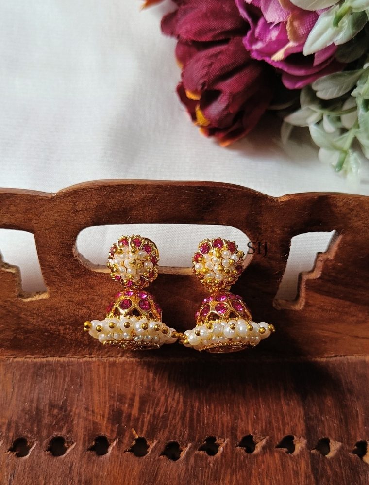 Imitation Pink Stones Pearl Jhumkas