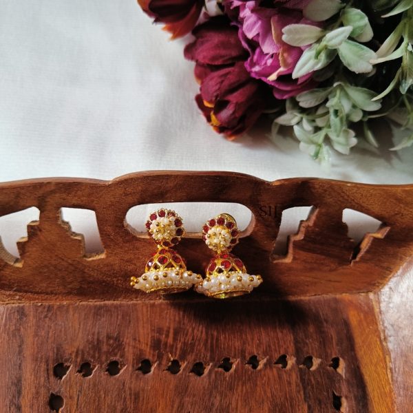 Traditional Red Stones Pearl Jhumkas