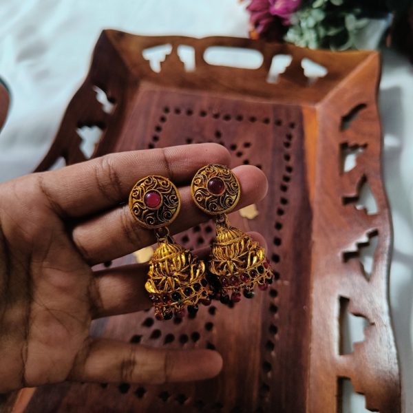 Matte Finish Ruby Stone Jhumkas