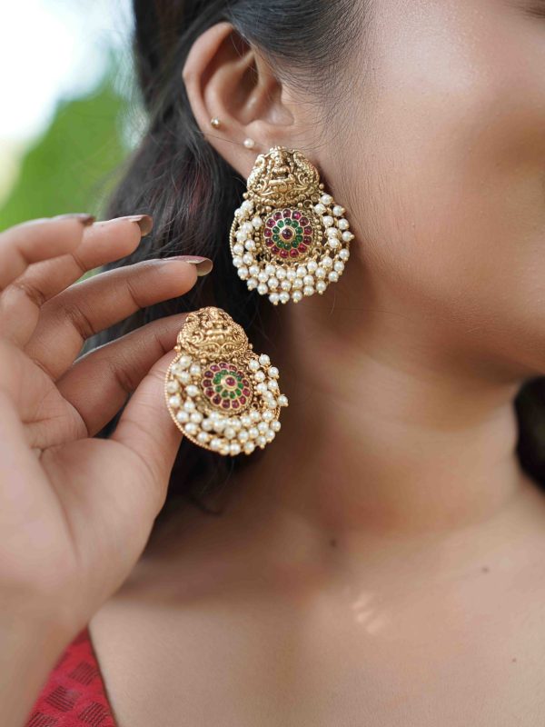 Antique Finish Lakshmi Earrings with Pearls