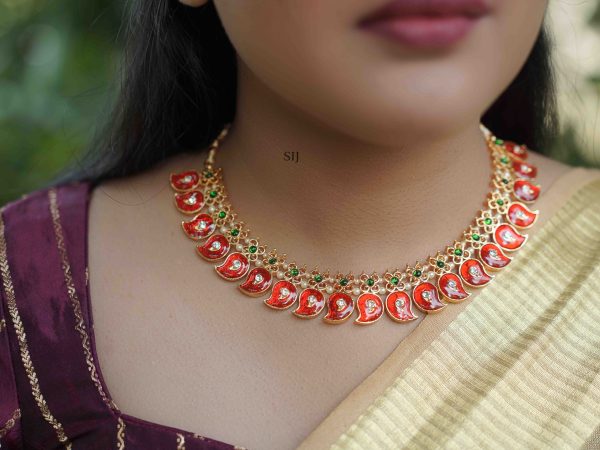 Gold Finish Orange Color Mango Design Necklace