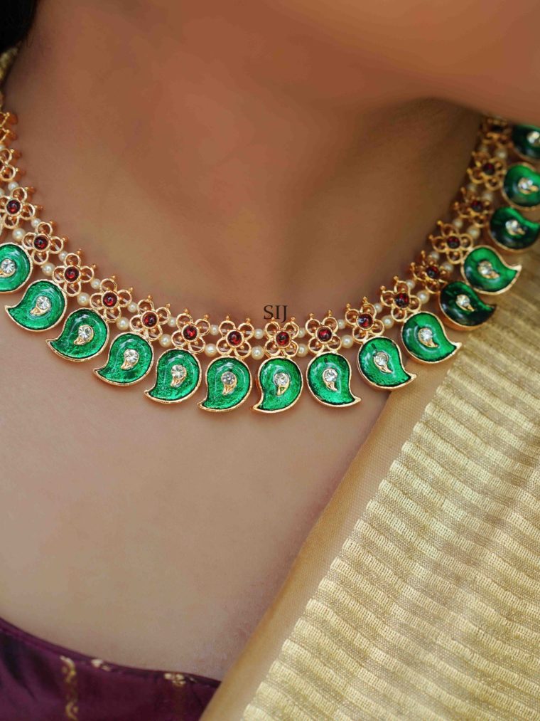 Gold Finish Green Color Mango Design Necklace