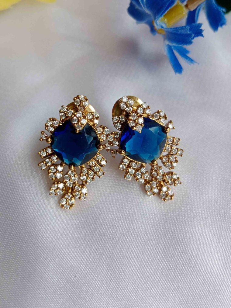 Gold Finish Blue& AD Stone Studded Earrings