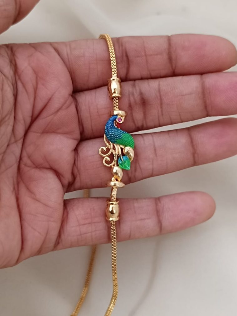 Gold Finish Enamel Peacock Mugappu Chain