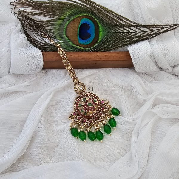 Gold Plated Peacock Maang Tikka with Green Beads