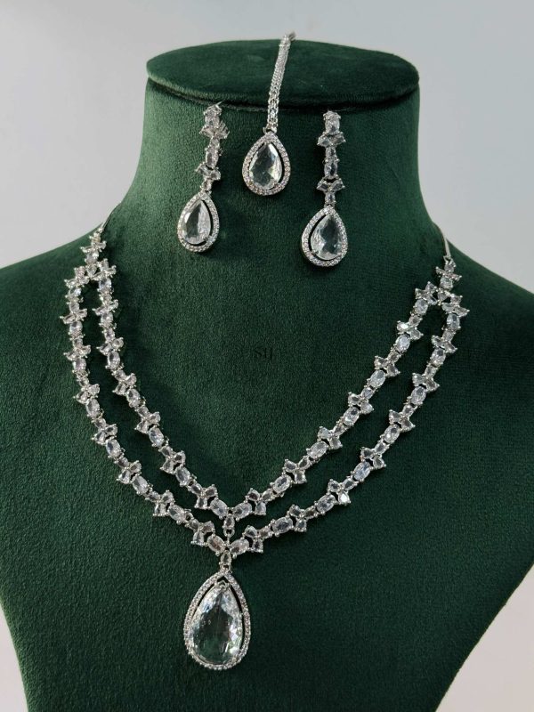 Imitation 2 Layered AD Necklace With Earrings And Maang Tikka